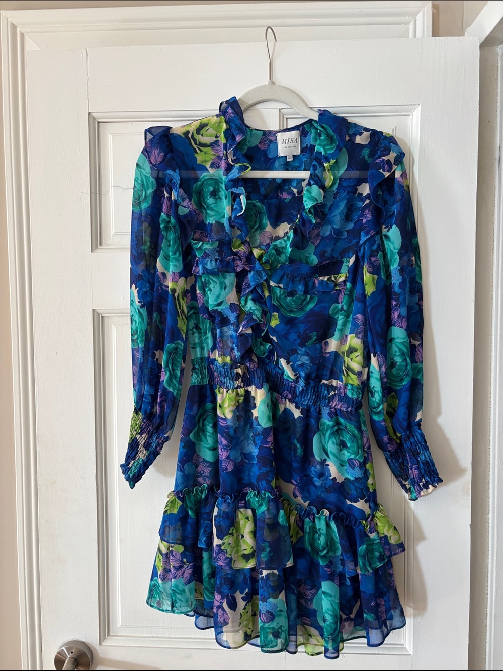 MISA Los Angeles Blue Floral Ruffle Mini Dress